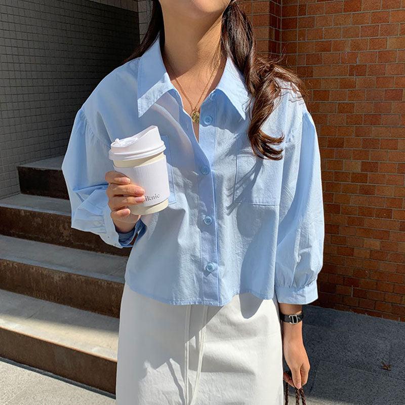 Chic Sky Blue Lapel Casual Shirt Top by painevida