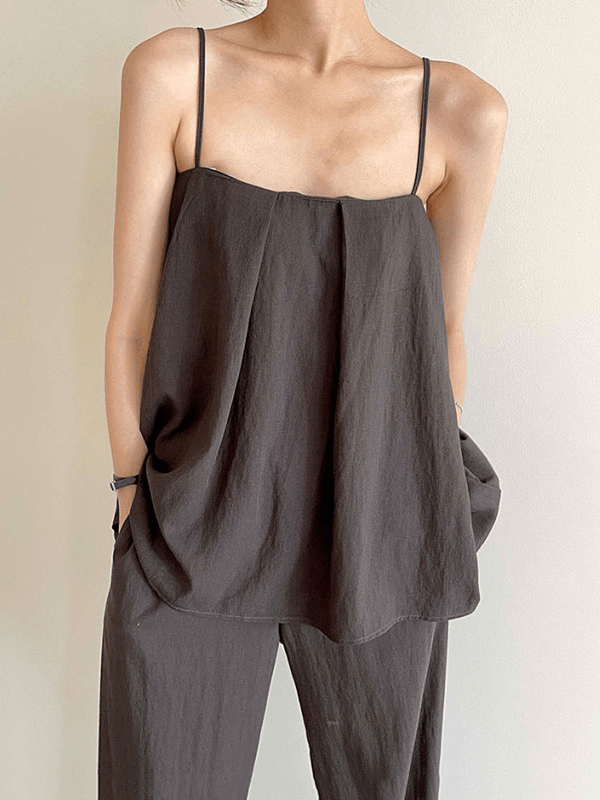 Square Neck Pleated Loose Camisole & Wide Trousers Suit Sets by painevida