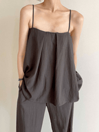 Square Neck Pleated Loose Camisole & Wide Trousers Suit Sets by painevida