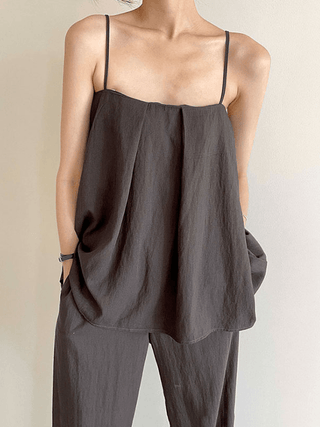 Square Neck Pleated Loose Camisole & Wide Trousers Suit Sets