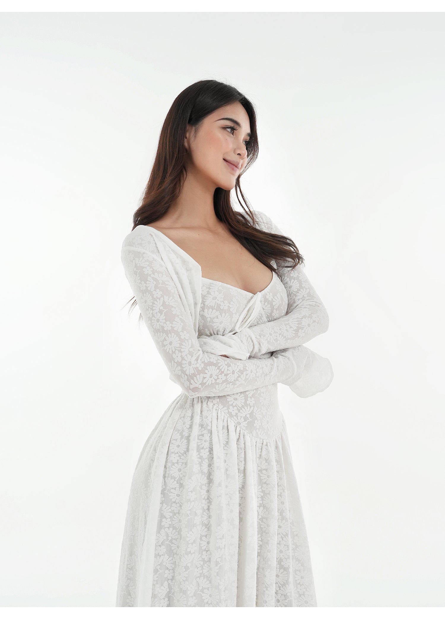 Lace Stretch Jacquard Sling Dress Cardigan Set