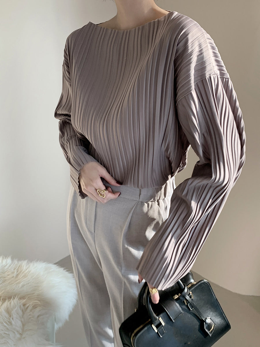 Simple Loose Pleated Long-sleeved Shirt Blouses by painevida