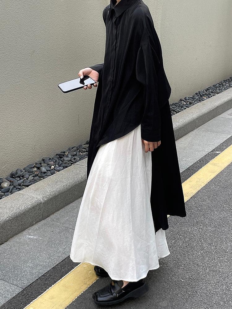 Cool Black Big Split Long Shirt & White Skirt Sets