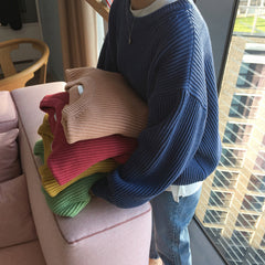 Candy Color Striped Loose Solid Color Pullover Sweater