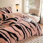 Class A Pink Leopard Double-sided Rabbit Plush Thickened 4-pieces Bedding Sheets Set