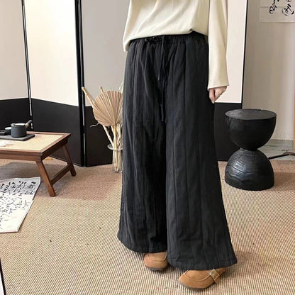Vintage Linen Quilted Lace-Up Elastic Waist Wide Leg Pants