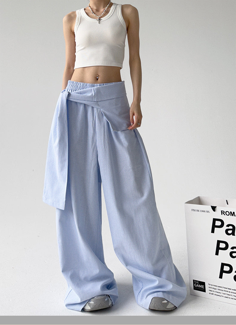 Loose Comfy Striped Lace-up Wide-leg Pants by painevida