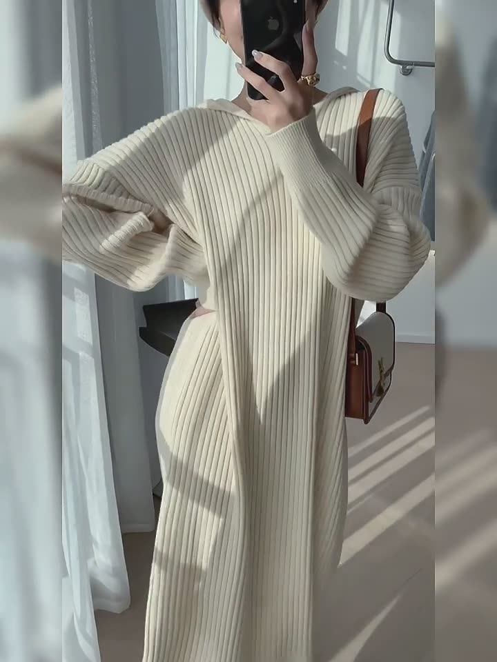 Casual Hooded Knitted Long Dress - PAINEVIDA