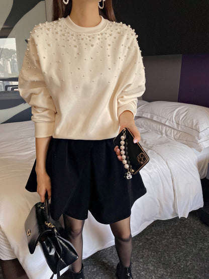 Round neck beaded loose long sleeve pullover sweatshirt