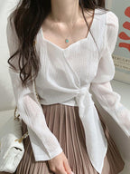 Square Neck Strappy Loose Long Sleeve Shirt by painevida
