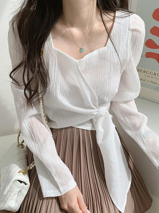 Square Neck Strappy Loose Long Sleeve Shirt