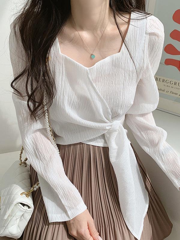 Square Neck Strappy Loose Long Sleeve Shirt by painevida