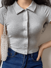 Simple Polo Neck Knitted Lace Short Seeves Shirt