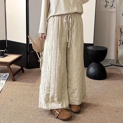 Vintage Linen Quilted Lace-Up Elastic Waist Wide Leg Pants