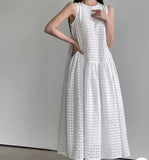 Simple Round Neck Pleated Loose Plaid Vest Dress