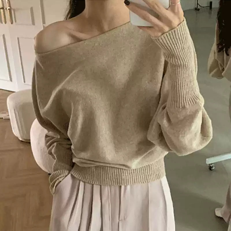 Vintage One-shoulder Lantern Sleeves Knit Sweater