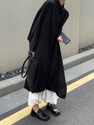 Cool Black Big Split Long Shirt & White Skirt Sets