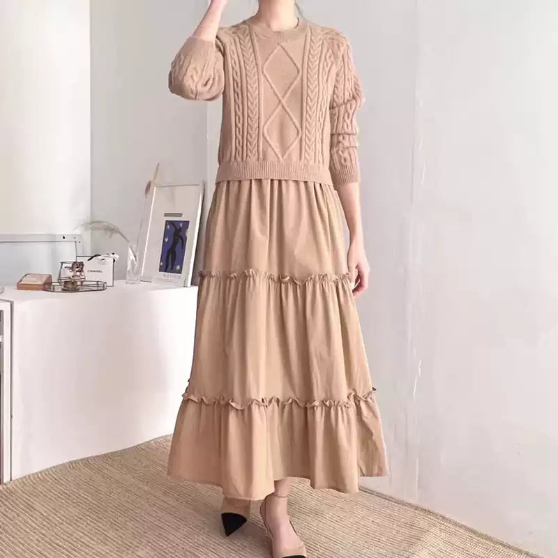 Loose Long-sleeved Cable Knit Split-joint A-line Dress