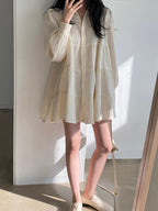 Lapel Pleated Loose Puff Sleeve Short Shirt Dress
