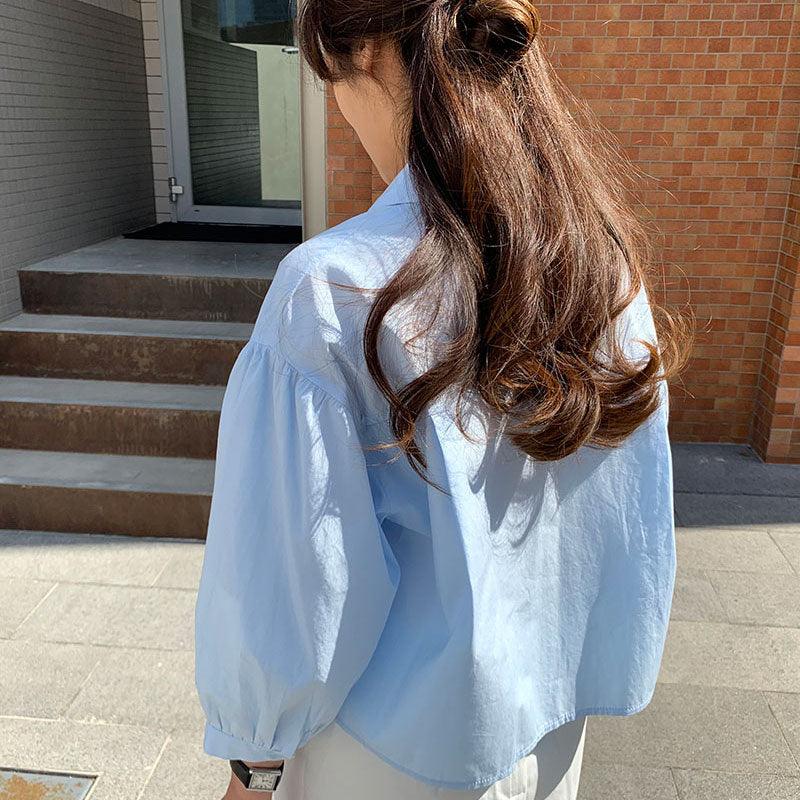 Chic Sky Blue Lapel Casual Shirt Top by painevida