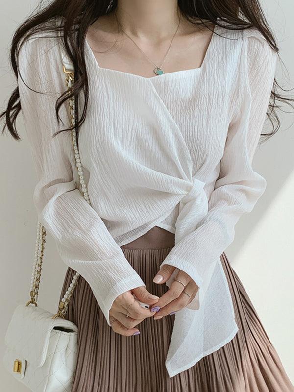 Square Neck Strappy Loose Long Sleeve Shirt by painevida