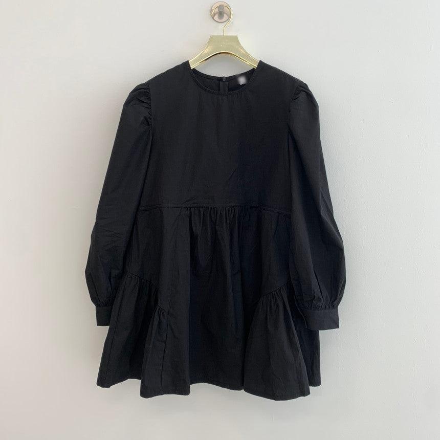 Simple Black Loose Puff Sleeve Short Shirt Dress by painevida