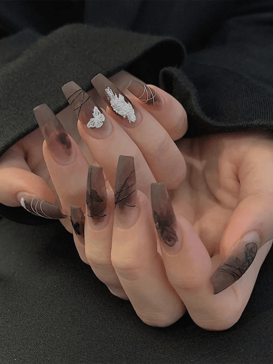 Black Abstract Print False Nails