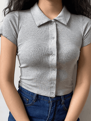 Simple Polo Neck Knitted Lace Short Seeves Shirt