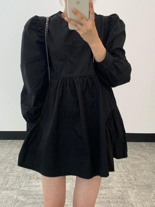 Simple Black Loose Puff Sleeve Short Shirt Dress