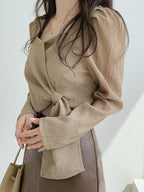 Square Neck Strappy Loose Long Sleeve Shirt by painevida