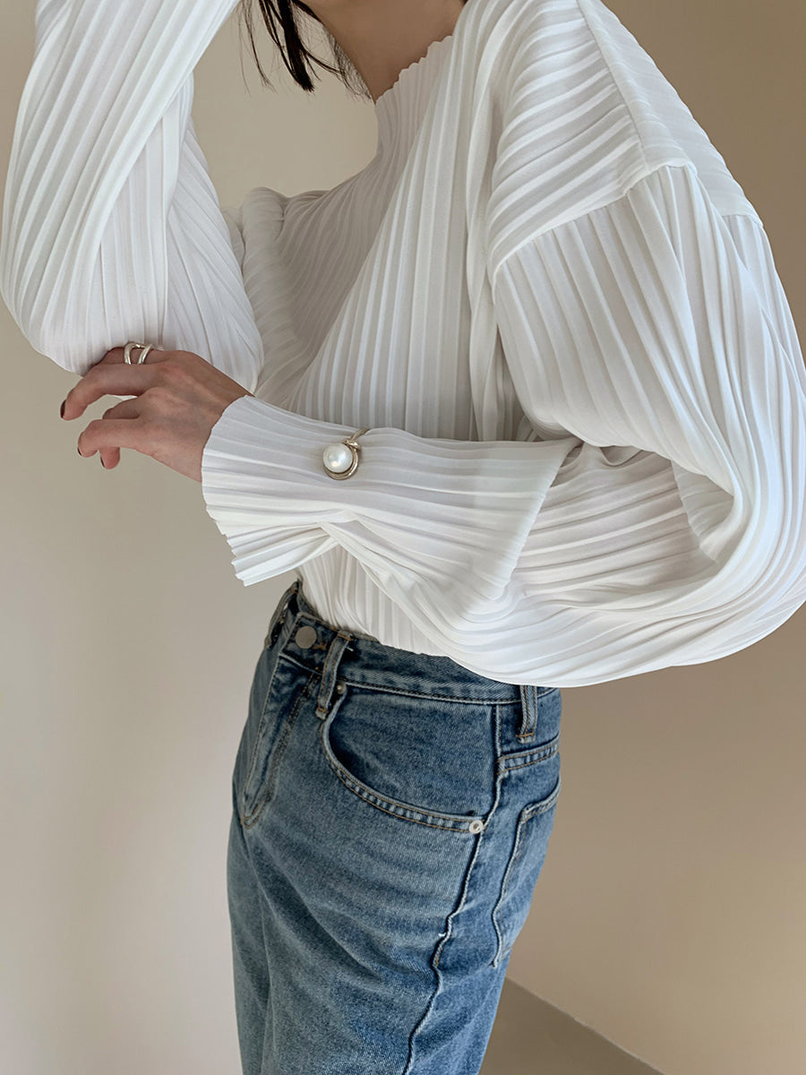 Simple Loose Pleated Long-sleeved Shirt Blouses by painevida