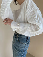 Simple Loose Pleated Long-sleeved Shirt Blouses by painevida