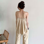 Square Neck Pleated Loose Camisole & Wide Trousers Suit Sets by painevida