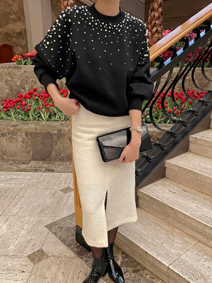Round neck beaded loose long sleeve pullover sweatshirt