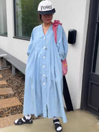 V-neck Single-breasted Pleated Loose Shirt Dress