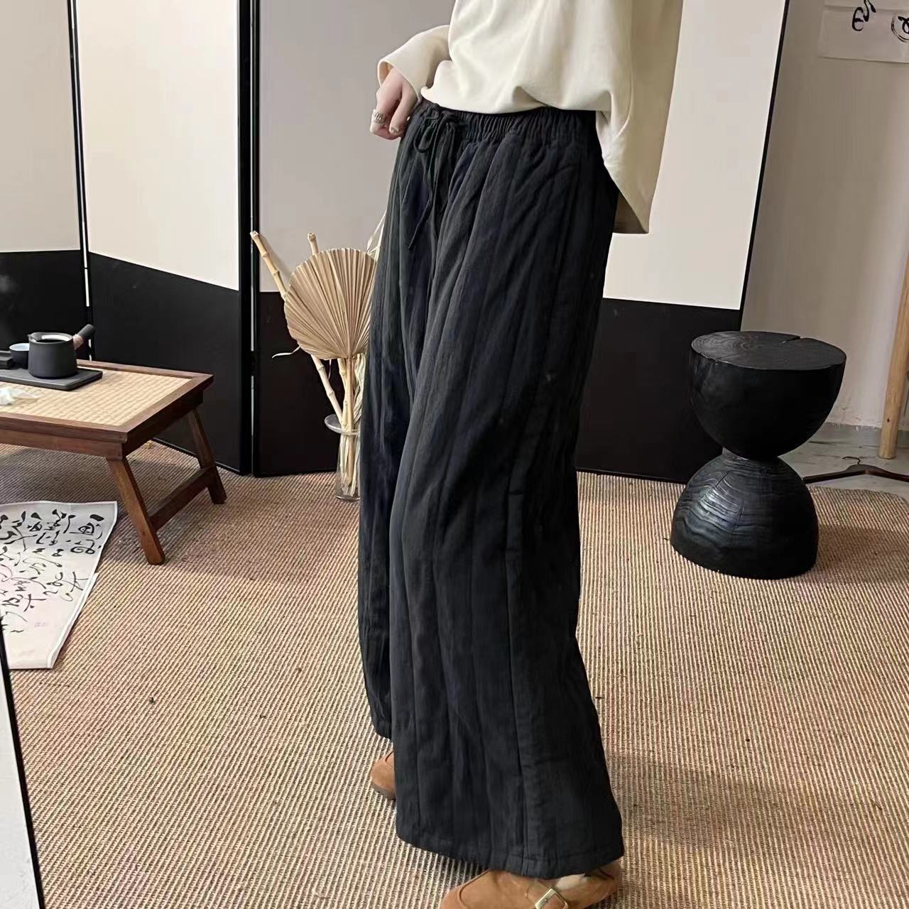 Vintage Linen Quilted Lace-Up Elastic Waist Wide Leg Pants