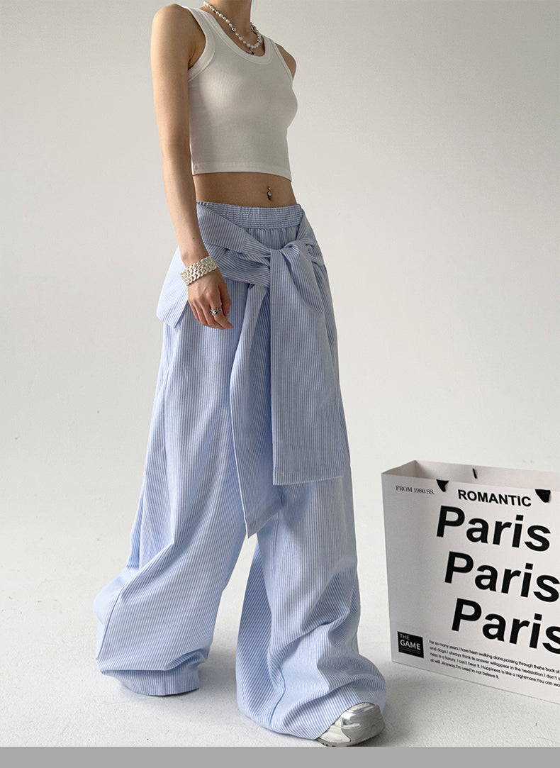 Loose Comfy Striped Lace-up Wide-leg Pants by painevida