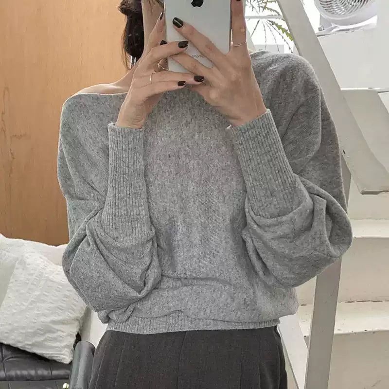 Vintage One-shoulder Lantern Sleeves Knit Sweater