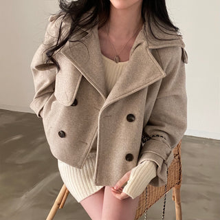 Retro Lapel Collar Double-breasted Pocket Woolen Coat