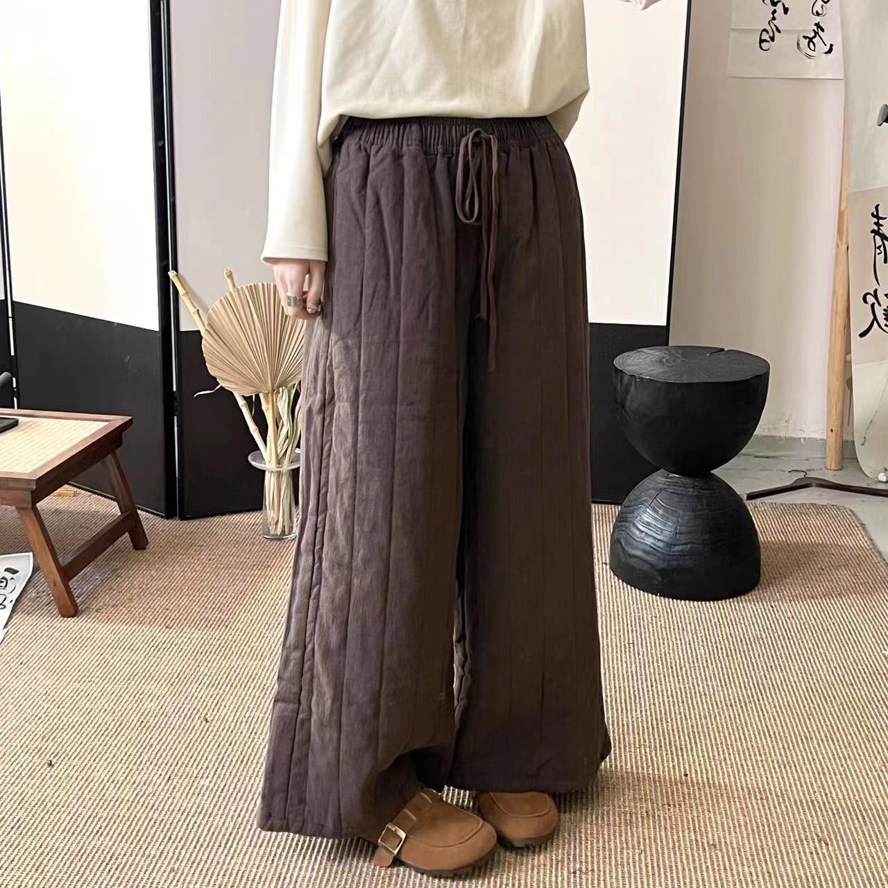 Vintage Linen Quilted Lace-Up Elastic Waist Wide Leg Pants
