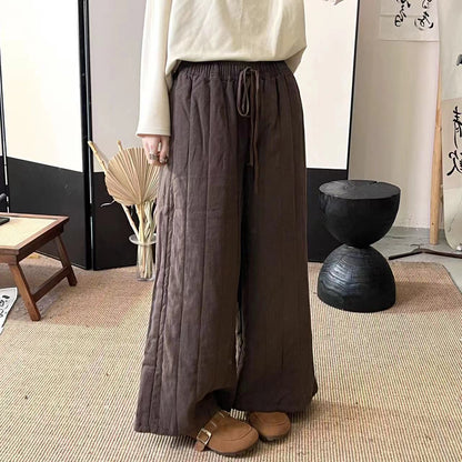 Vintage Linen Quilted Lace-Up Elastic Waist Wide Leg Pants