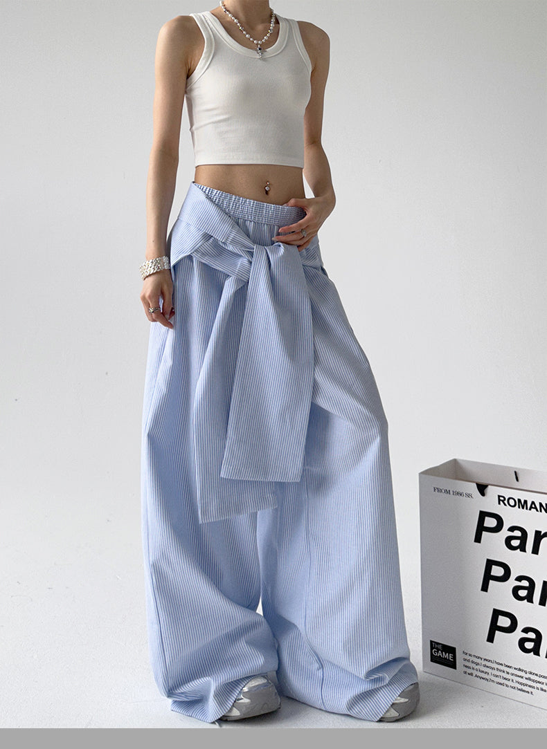 Loose Comfy Striped Lace-up Wide-leg Pants by painevida