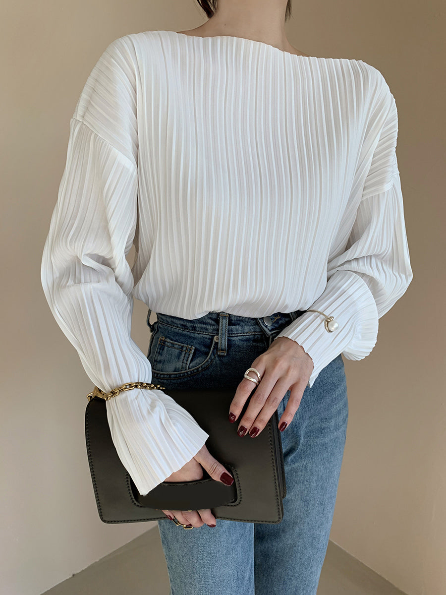 Simple Loose Pleated Long-sleeved Shirt Blouses by painevida