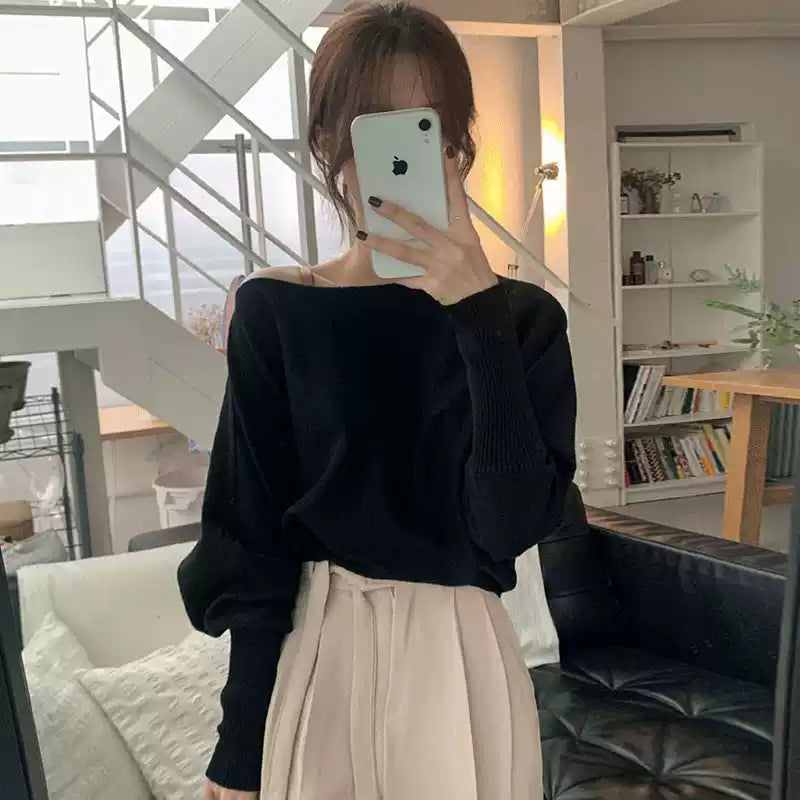 Vintage One-shoulder Lantern Sleeves Knit Sweater
