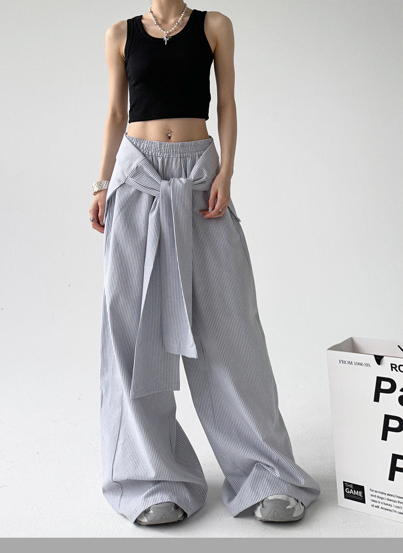 Loose Comfy Striped Lace-up Wide-leg Pants by painevida