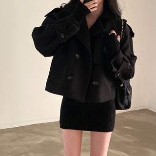 Retro Lapel Collar Double-breasted Pocket Woolen Coat