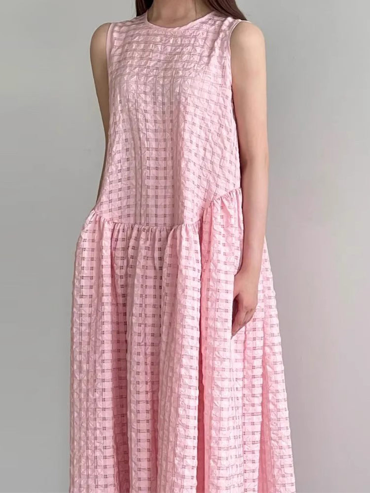 Simple Round Neck Pleated Loose Plaid Vest Dress