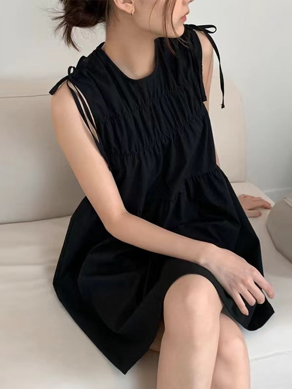 Cute Bow Lace-up Pleated Sleeveless Short Dress - PAINEVIDA