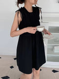 Cute Bow Lace-up Pleated Sleeveless Short Dress - PAINEVIDA