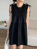 Cute Bow Lace-up Pleated Sleeveless Short Dress - PAINEVIDA